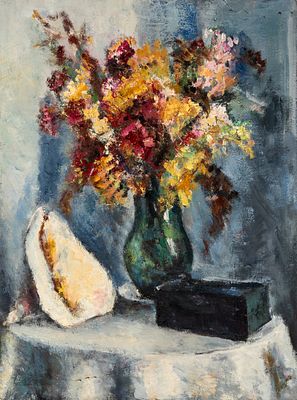 (283) Konstantin K. ZEFIROV (1879-1960) . Dried Flowers, Shell, and Casket 
Oil on canvas, dated 