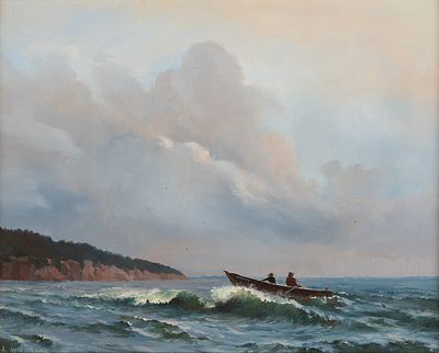 (243) UNKNOWN ARTIST
. Boats off the Coast 
Oil on cardboard, signed "A. Shabalin" in Cyrillic 