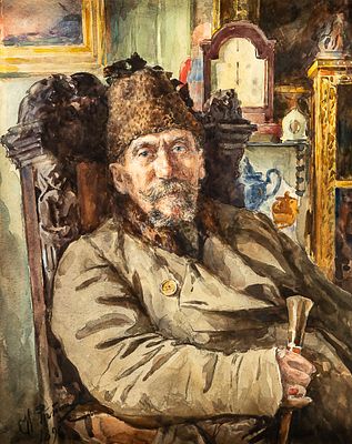 (225) Il'ia Efimovich REPIN (1844-1930), attributed to. Portrait with interior 
Watercolor on 