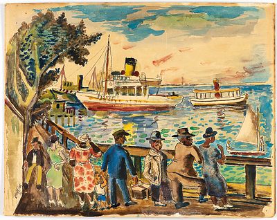 (86) David BURLIUK (1882-1967), attributed to. Harbor Scene 
Watercolor on cardboard, signed 
