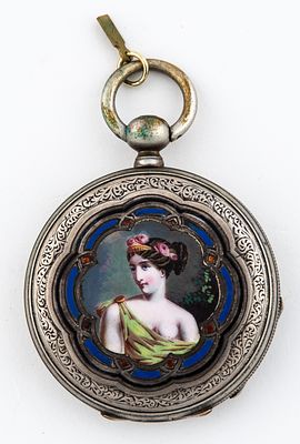 (49) G. MONARD, SILVER SAVONNETTE WITH ENAMEL PAINTING, AROUND 1880. Case back and cover 