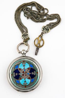 (197) J. BLONDEL, ENAMELED SILVER SAVONNETTE WITH SILVER CHAIN. Silver case, No. 62868, dial 