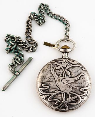 (128) OMEGA, SILVER SAVONNETTE WITH BIRD AND PLANT MOTIF, CIRCA 1910. Silver case, 875 (84) 