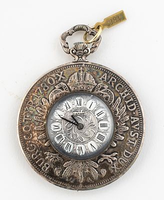 (168) PENDANT WATCH WITH MARIA THERESIA THALER. Dial: Silver, center engraved, signed: DIAMANT 