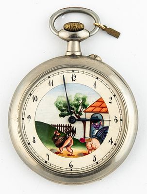 (280) DOXA, POCKET WATCH WITH EROTIC SCENE, CIRCA 1910/20. Silver-plated metal case, dial of 