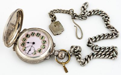 (237) SILVER SAVONNETTE POCKET WATCH FROM NEW YORK WITH SILVER CHAIN. Silver case 0.875 (84) 