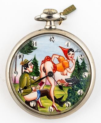 (281) OMEGA, POCKET WATCH WITH EROTIC MOTIF, CIRCA 1910/20. Metal case, No. 7313816. Dial with 