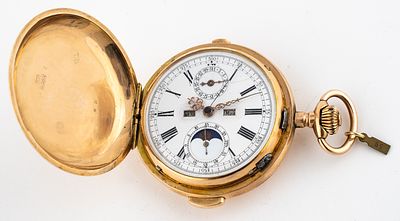 (59) GOLD SAVONNETTE FOR RUSSIAN MARKET, QUARTER REPEATER ON BELLS, CHRONOGRAPH, CALENDAR AND 