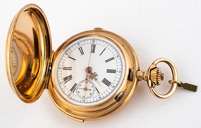 (31) GOLD SAVONNETTE, QUARTER REPEATER ON BELLS, CHRONOGRAPH, CIRCA 1890. Case: English type 