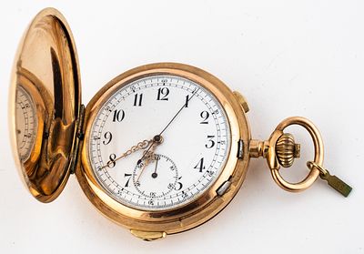 (55) LE PHARE, GOLD SAVONNETTE, QUARTER REPEATER ON BELLS, CHRONOGRAPH, CIRCA 1900. Gold case 