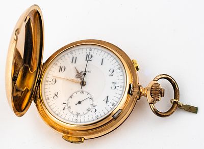(5) INVICTA, GOLD SAVONNETTE, QUARTER REPEATER ON BELLS, CHRONOGRAPH, CIRCA 1900. Gold case, 14 
