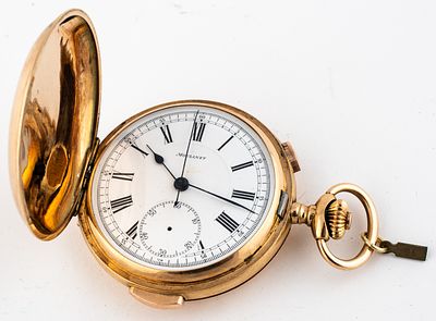 (16) MOULINET, GOLD SAVONNETTE, QUARTER REPEATER ON GONGS, CHRONOGRAPH, CIRCA 1910. Gold case 