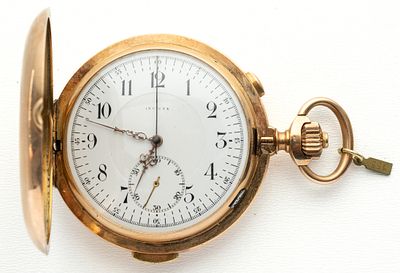 (155) GOLD INVICTA SAVONNETTE POCKET WATCH WITH QUARTER REPEATER AND CHRONOGRAPH, CIRCA 1900. Gol 