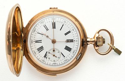 (11) GOLD SAVONNETTE POCKET WATCH WITH QUARTER REPEATER ON GONGS AND CHRONOGRAPH, CIRCA 1900. Gol 