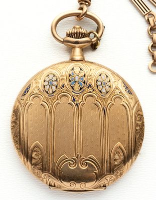 (136) BOREL FILS ET CIE, NEUCH&Acirc;TEL, GOLD ART NOUVEAU SAVONNETTE POCKET WATCH WITH GOLD CHAIN 