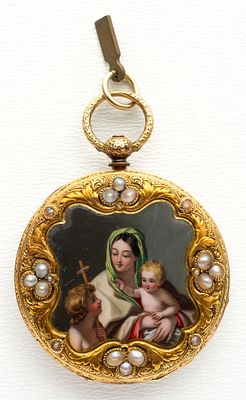 (75) MULLER JUNOD, GOLD NECKLACE WATCH (SAUTOIR) WITH ENAMEL PAINTING, AROUND 1860. Painting 