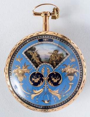 (289) DES ARTS ET CIE GEN&Egrave;VE, ENAMELED POCKET WATCH WITH AUTOMATONS, 1775-1800. L&eacute;pine case 