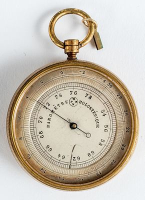 (104) HOLOSTERIC BAROMETER. Gilded brass, 1 stamp HPBN, fluted bezel rim and base, round ring 