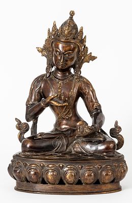 VAJRASATTVA. Bronze, the Bodhisattva in meditation pose on a lotus base, holding vajra and 