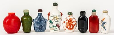 8 SNUFF BOTTLES. China, various materials, probably 19th/20th century. 
H: from 6.5 to 9 cm