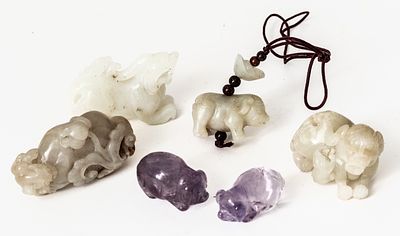6 SMALL ANIMALS. China, jade and glass, probably 20th century. 
from 2 x 3.5 x 1.5 cm to 3 x 6 x 