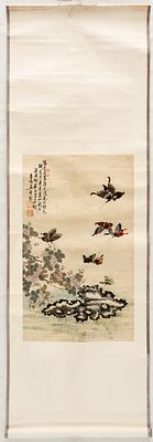 HANGING SCROLL WITH BUTTERFLIES OVER WILD ROSES. China, graphic print on paper, probably 20th 