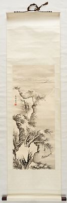 HANGING SCROLL WITH LANDSCAPE DEPICTION. China, watercolour (?) on silk, probably 20th century. 