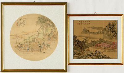 IDYLLIC LANDSCAPES. China, 2 paintings on silk, probably 19th century. 
D. 24 cm, and 19.5 x 22 