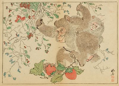 MONKEY, WOOD ENGRAVING BY Kawanabe KYOSAI (1831-1889). Japan, colour wood engraving, crease 