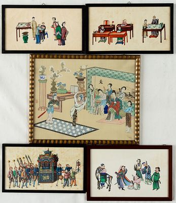 SCENES FROM CHINA. China, 5 paintings on silk or paper, partly foxed, probably 19th century. 