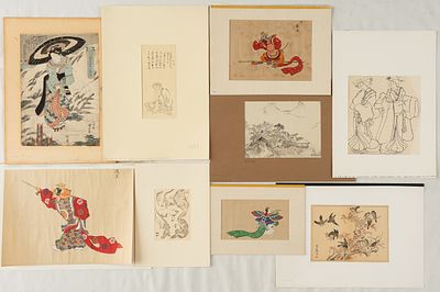 COLLECTION OF 9 PICTURES. Japan, woodcuts, watercolors and drawings, 19th/20th century. 
various 