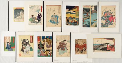 COLLECTION OF 12 PICTURES. Japan, color woodcuts, 19th century. 
various sizes from 23.5 x 17 cm 