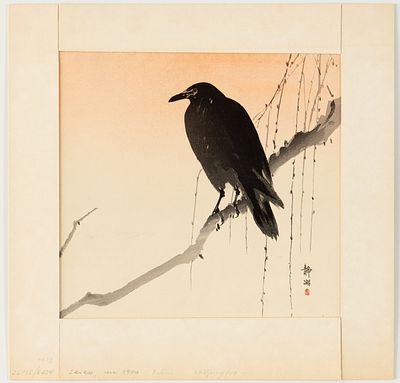 CROW ON A WILLOW TREE, WOODCUT BY Seiko OKUHARA (1837-1913). Japan, colour woodcut, firmly 