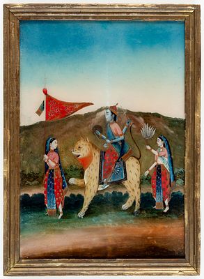 JAGADDHADRI. Indian reverse glass painting, 19th century. 
49.5 x 34 cm, Frame: 55.5 x 40 cm