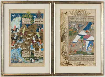 BATTLE SCENE AND DAILY LIFE. 2 Persian (?) miniatures, probably 19th century. 
Visible size: 