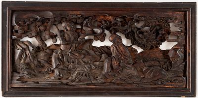 2 PEOPLE IN LANDSCAPE. China, wood-carved relief, partially openwork, probably 19th/early 20th 