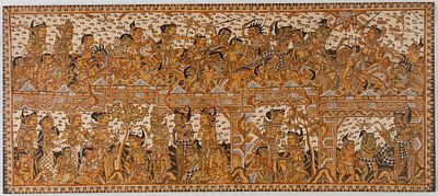 MULTI-FIGURE SCENE. Very large Balinese painting, 20th century. 
82 x 187 cm 
Shipping by us is 