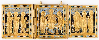 RUSSIAN FOUR TIMES ENAMELLED METAL TRIPTYCH SHOWING THE DEESIS AND SAINTS. 19th c. 
6.3 x 17.8 