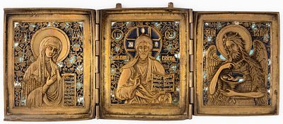 RUSSIAN ENAMELLED TRIPTYCH SHOWING THE DEESIS. 19th c. 
16 x 38.8 cm (opened)