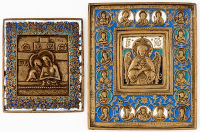 2 RUSSIAN ENAMELLED METAL ICONS SHOWING THE BLESSED SILENCE SAVIOR AND 'DO NOT WEEP FOR ME, MOTHER'