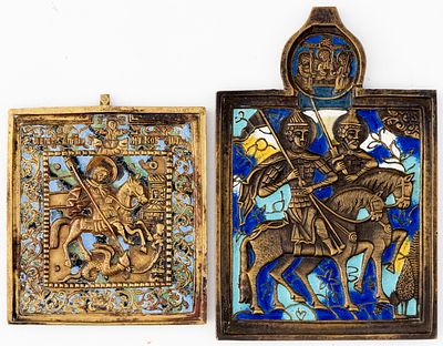 2 RUSSIAN ENAMELLED METAL ICONS SHOWING ST. BORIS AND ST. GLEB AND ST. GEORGE. 19/20th c. 
13.5 
