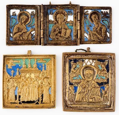 3 RUSSIAN ENAMELLED METAL ICONS SHOWING THE DEESIS, ST. NICHOLAS AND THE EXALTATION OF THE HOLY 
