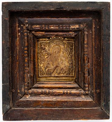 (306) RUSSIAN METAL ICON IN ORIGINAL FRAME SHOWING THE MOTHER OF GOD OF THE PASSION. 19th c. 