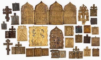 LOT OF 27 RUSSIAN METAL ICONS. 19th c. 
from 5 x 5 cm to 18 x 41 cm, weight total: 3.7kg 
(764 