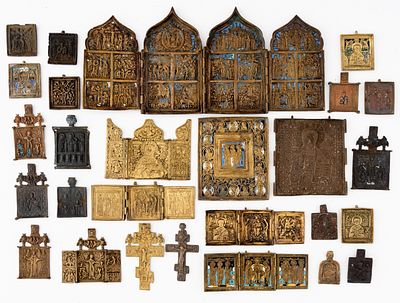 LOT OF 27 RUSSIAN METAL ICONS. 19th c. 
from 5.8 x 3.5 cm to 18 x 39.5 cm, total weight: 3.8kg 