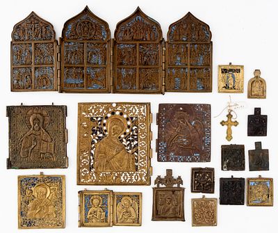 LOT OF 17 RUSSIAN METAL ICONS. 19th c. 
from 5.8 x 4.5 cm to 17.8 x 40.5 cm, total weight: 3.3 
