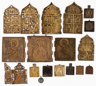 LOT OF 17 RUSSIAN METAL ICONS. 19th c. 
from D: 3 cm to 16.5 x 10 cm, total weight: 2.33 kg 
(39 
