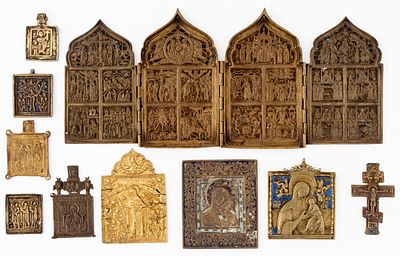 LOT OF 10 RUSSIAN METAL ICONS. 19th c. 
from 5.3 x 4.8 cm to 17.8 x 40 cm, total weight: 1.93 kg 