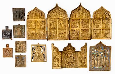 LOT OF 10 RUSSIAN METAL ICONS. 19th c. 
from 5.5 x 5.3 cm to 17.8 x 40 cm, total weight: 1.91 kg 