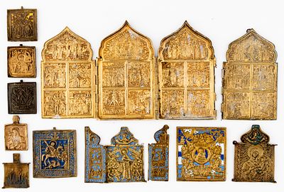 LOT OF 10 RUSSIAN METAL ICONS. 19th c. 
from 5.5 x 5 cm to18 x 40.5 cm, total weight: 2.37 kg 
